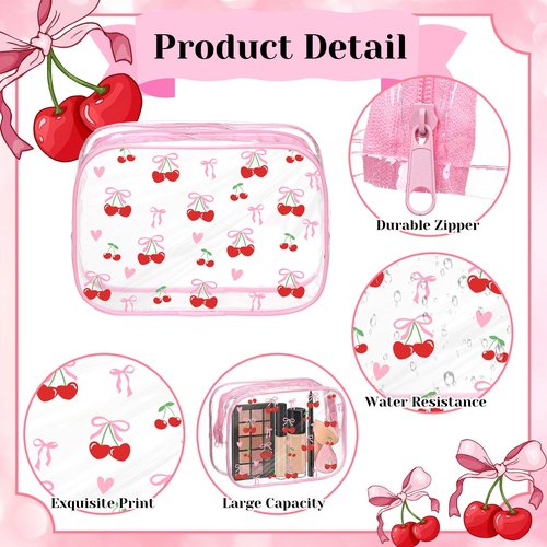 Kacctyen 10 Pcs Pink Cherry Bow Makeup Bags Bulk Gifts for Girl Women Birthday Party Favors Coquette Pastel Bow PVC Clear Cosmetic Bags Waterproof Travel Toiletry Pouch for Party Favors