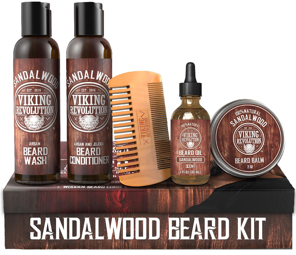 Viking Revolution Ultimate Conditioner for Men's Beard Grooming - Softens, Smoothes and Soothes Beard Itch- Contains Wash, Conditioner, Oil, Balm and Comb- Sandalwood Scent
