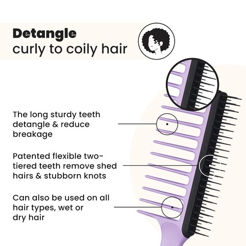 Tangle Teezer Wide Tooth Comb - Double-Sided Detangling for Curly Hair | Wet & Dry Use, Lilac