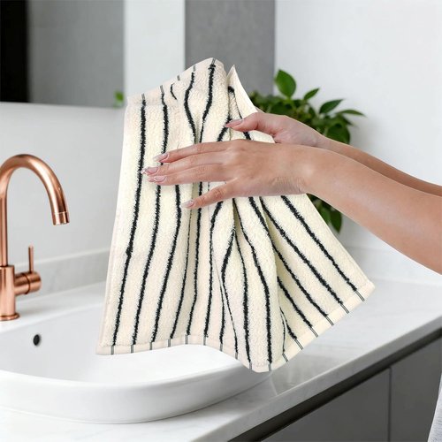 Jacquotha Striped Cotton Washcloths 4 Pack, 13” x 13” - Soft Wash Cloths for Bathroom, Kitchen, Gym, Face, Black and Cream