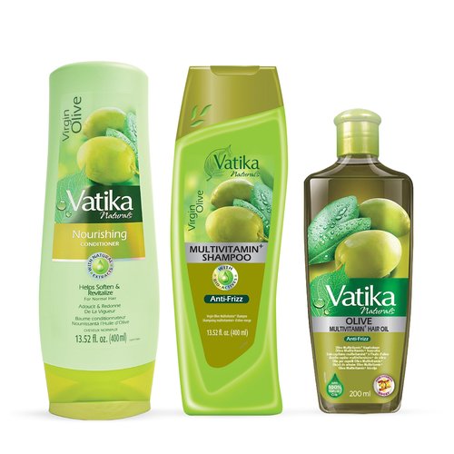 Vatika Naturals Olive Shampoo, Oil & Conditioner Combo, Deep Nourishment, Anti-Frizz & Hydration, Enriched with Virgin Olive Oil & Henna for Smooth, Soft & Radiant Hair, 400ml