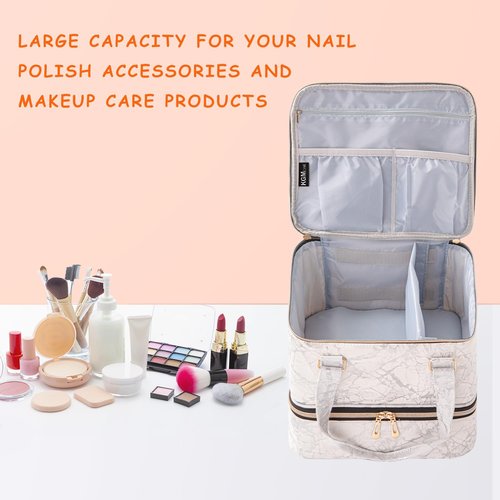 KGMCARE Nail Polish Organizer, Double Layer Nail Polish Storage Bag Carrying Case Holds 42 Bottles with Nail Dryer Lamp Portable Manicure kit supplies Organizer （White）