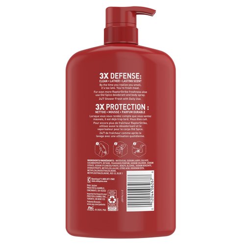 Old Spice Cleansing Body Wash for Men, 3X Defense, 24/7 Shower Fresh with Lasting Scent, 2-in-1 Body & Face Wash, Raptorstrike with Dark Berry Scent, 33.4 oz