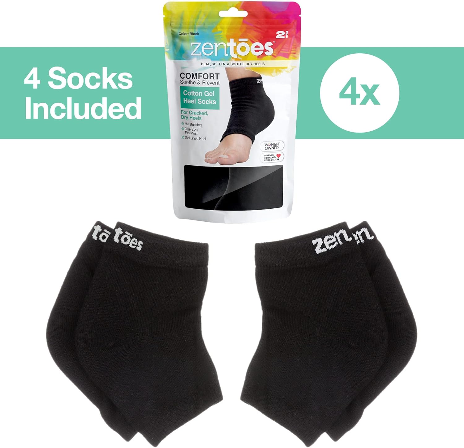 ZenToes Moisturizing Socks - Cracked Heel Treatment with Vitamin E & Jojoba Oil | Cotton Black, Regular Size