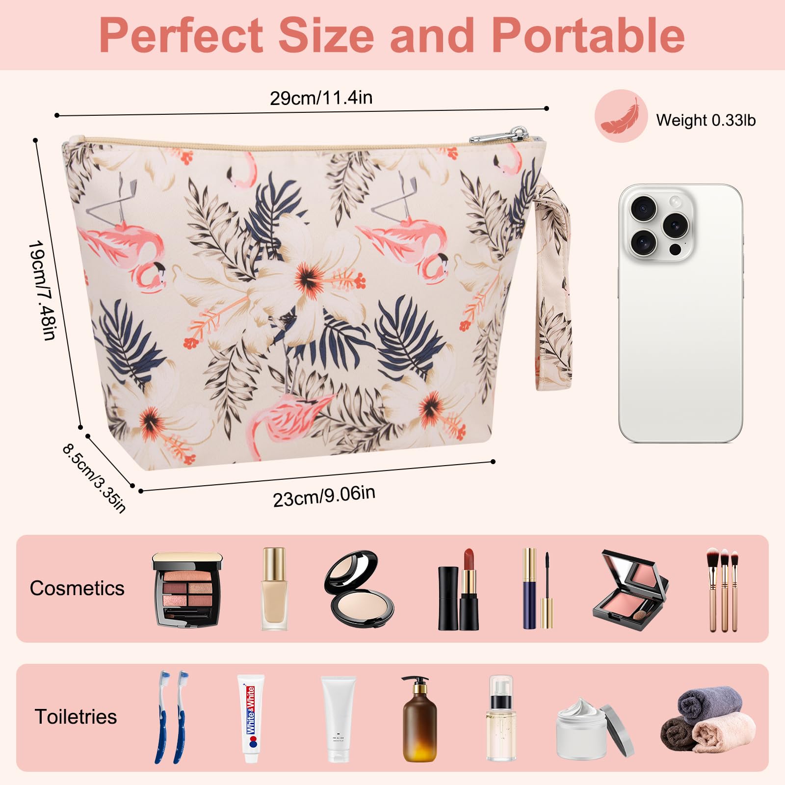 ZENTREON Makeup Bag for Purse Zipper Toiletry Travel Bag, Large Floral Cute Makeup Bag Tool Pouch Birthday Christmas Gifts for Women Girls Sister Friends, Make Up Bags with Dry-wet Compartment