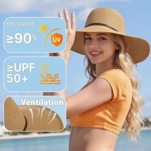Sun Hats for Women - UPF 50+ Straw Beach Hat with Wide Brim for Summer Travel