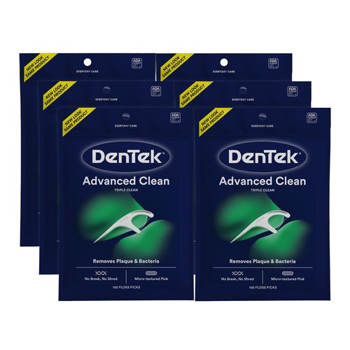 DenTek Advanced Clean Floss Picks with No Break & No Shred Dental Floss, Plaque Remover, 150 Count, Pack of 6