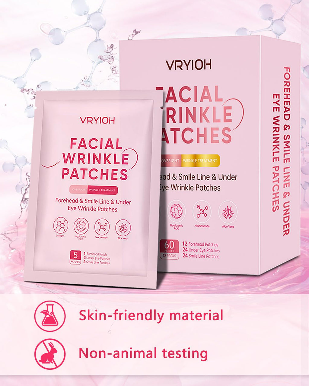Vryioh Forehead, Smile Line & Under Eye Wrinkle Patches, 3 IN 1 Overnight Facial Wrinkle Treatment with Hyaluronic Acid, Collagen to Lift Lines for Women, 60 Patches