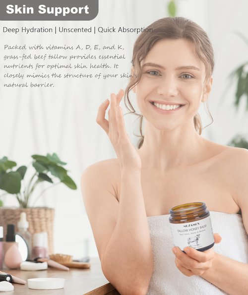 MUZAMOX Beef Tallow for Skin (4 OZ), Whipped Beef Tallow and Honey Balm, Tallow Face Moisturizer, Grass Fed Beef Tallow for Face and All Skin Types