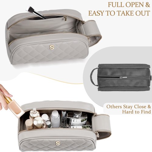 COSHAYSOO Personalized Birthday Appreciation Thank You Gifts for Women Best Friend Mom Adult Sister Teacher Nurse Employee Female Coworker, Initial Make Up Bag Leather Cosmetic Bags Taupe Letter V
