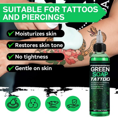 Green Soap Tattoo Concentrated 4OZ with Foaming Bottle 120ml, Tattoo Soap Supplies for Piercings and Clean Skin, Effective & Gentle (Green)