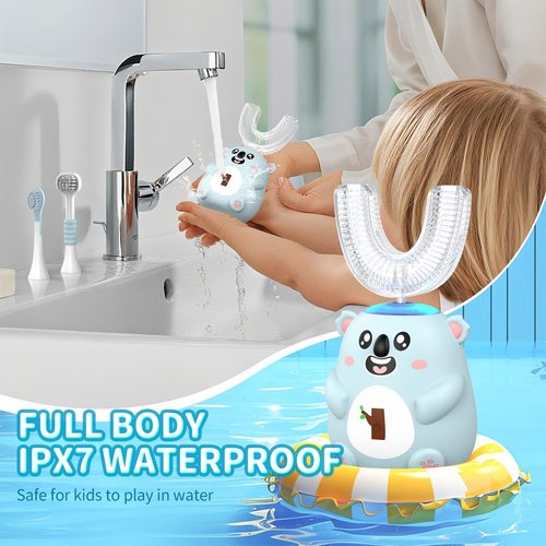 QDCYP Kids U Shaped Electric Toothbrush, Automatic 360° Sonic Cleaning, 6 Modes, 4 Brush Heads, Cute Cartoon Koala Design (2-6 Age (Grey Blue))