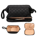 Abiudeng Large Makeup Bag for Women,Travel Makeup Organizer with Brush Holder, Dopp Kit Essentials,Waterproof Checkered Cosmetic Bag for Traveling,Multi Compartment,Cute,Spacious Capacity-Black