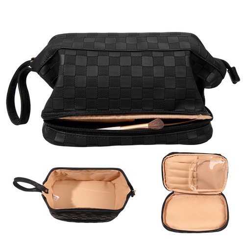 Abiudeng Large Makeup Bag for Women,Travel Makeup Organizer with Brush Holder, Dopp Kit Essentials,Waterproof Checkered Cosmetic Bag for Traveling,Multi Compartment,Cute,Spacious Capacity-Black