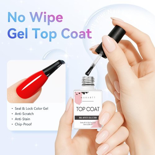 Makartt Gel Top Coat | 2 PCS No Wipe High Gloss Nail Polish - Long Lasting 10ML Clear Soak Off