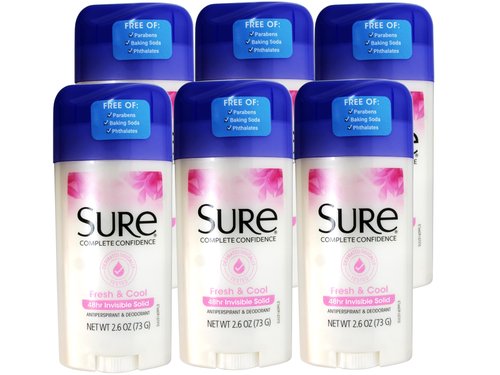 Sure Antiperspirant Deodorant, Solid, Fresh and Cool, 2.6 oz, (6 Pack)