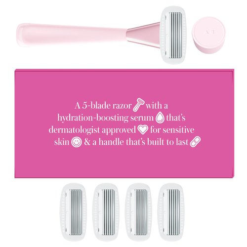 Athena Club Women’s Razor Kit, 5-Blade Cartridge Razor for Sensitive Skin, Serum-Infused Blades with Shea Butter and Hyaluronic Acid, Includes Handle, 5 Refills and Magnetic Shower Hook - Rose