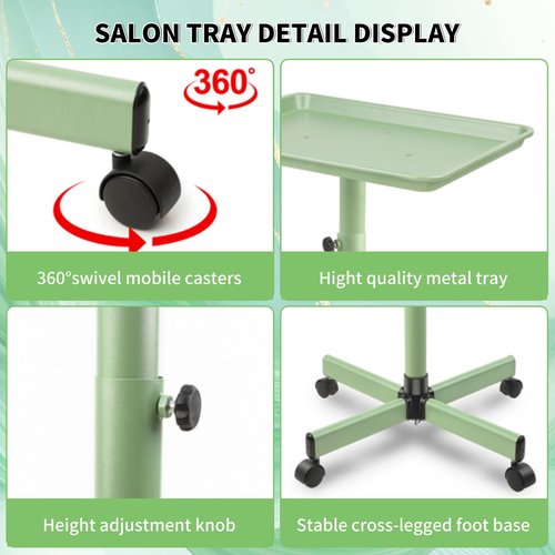 Salon Tray on Wheels, Green Salon Tray Cart with Adjustable Height, Tattoo Rolling Tray, Metal Service Instrument Storage Tray for Salon&Home Use