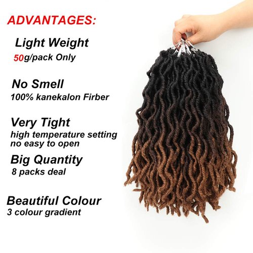 Eliza Wavy Gypsy Locs Faux Locs Ombre Crochet Hair 14" 8Packs/Lot Goddess Locs Synthetic Fiber Faux Locs African Roots Dreadlocs Synthetic Braiding Hair Extensions for Black Women(14",OM3T430)