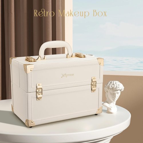 Joligrace Makeup Train Case Large Portable Cosmetic Makeup Storage Box Organizer Lockable with 4 Tray Compartments Retro Champagne Beige Vegan Leather