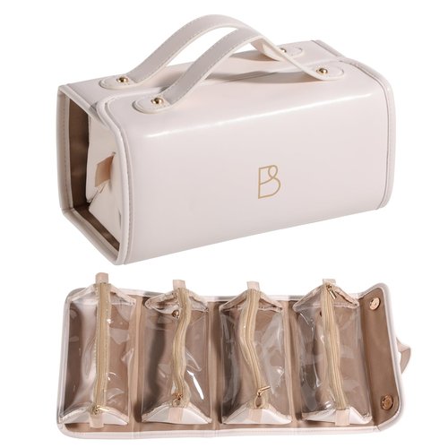 BS-MALL Travel Makeup Bag PU Leather Large Size Elegant Cosmetic Case in Premium PU Leather with 4 Small Bag for Easy Makeup Organization & Travel White