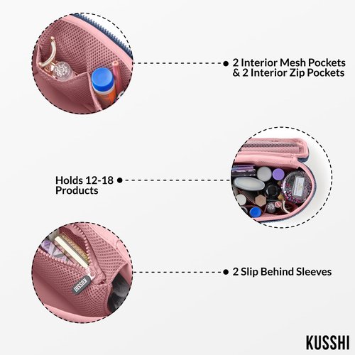 KUSSHI Neoprene Train Case Makeup Bag - Washable Makeup Travel Bag & Vanity Case for Stress Free Travel (Small, Pearl Blue/Sand Pink)