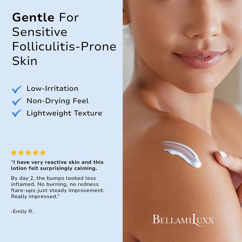 BellamiLuxx Folliculitis Acne Lotion for Body: Helps Reduce Itch, Redness, Body Acne, Bumps & Uneven Texture with Salicylic & Glycolic Acid + Botanicals - Gentle Care for Folliculitis-Prone Skin