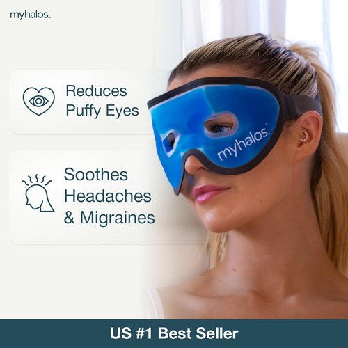 MyHalos Gel Mask - Reusable Cooling Eye Mask with Adjustable Straps - Cold Mask for Puffy Eyes, Dark Circles and Hangovers - Face Ice Pack Compress for Sinus, Headaches (Blue, (Pack of 2))