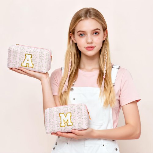 HBselect Initial Makeup Bag for Women, Pink Cosmetic Travel Toiletry Bag, Flowers Zipper Make Up Pouch Organizer Teen Girl Gifts Trendy Stuff L