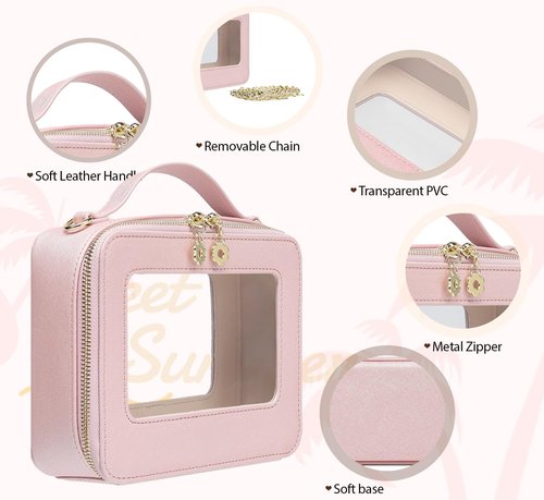 Jorebill Waterproof Cosmetic Bag with Makeup Brush Bag, Leather Travel Makeup Bag with handle, Crossbody Shoulder Bag with metal detachable shoulder strap for Women (pearl pink)