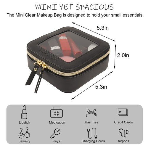DIYOOHOMY Clear Makeup Bag with Zipper, Black Travel Toiletry Bag for Women, Mini Leather Cosmetic Organizer Case, Small Portable Purse Pouch