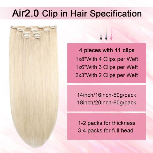 Sweetmet Air2.0 Clip in Hair Extensions Real Human Hair 20inch 4pcs Color #60 Platinum Blonde Remy Real Human Hair Extensions Clip ins 60g Thick Seamless Double Weft for Women（#60-20inch）