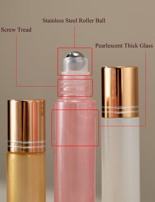 Qeuly 10ml Roll on Bottles - 6 Color Essential Oils Bottles, Thick Glass with Stainless Steel Roller Balls, Empty for Aromatherapy, Perfumes and Lip Balms