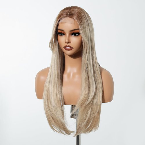 testar Long Straight Ombre Brown Blonde Wigs for White Women Synthetic Middle Part Layers Lace Front Wig for Daily Use Closure Natural Hairline 26 IN