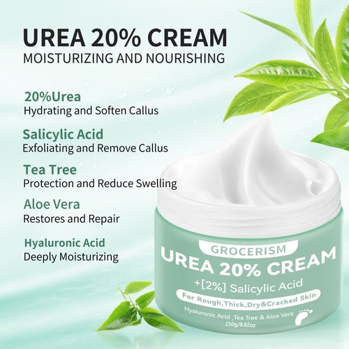 Grocerism Urea Cream 20 Percent For Feet Plus 2% Salicylic Acid 8.82 oz || Foot Cream and Hand Cream Maximum Strength with Hyaluronic Acid, Tea Tree, and Aloe Vera for Deep Moisturizes, Callus Remover