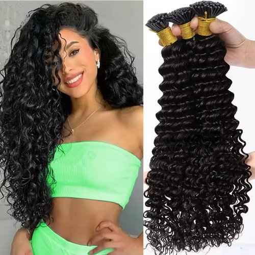 I Tip Human Hair Extensions, Natural Black Pre Bonded Micro Links Real Human Hair Extensions for Black Women Deep Wave Curly Itips Hair 22 Inch 0.5g/Strand 50g