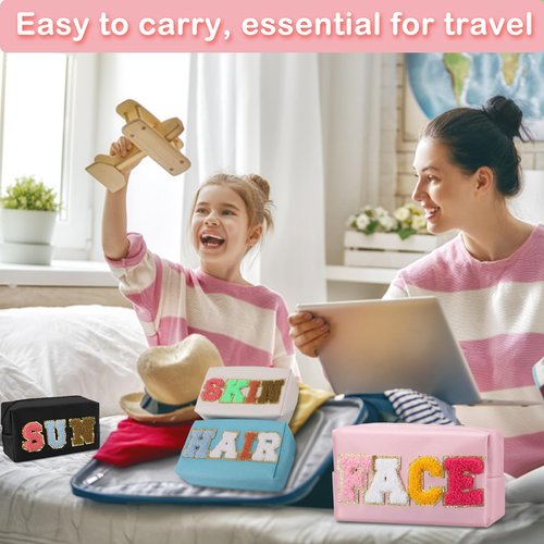 LYOOmaLL 4 Pcs Chenille Letter Preppy Patches Makeup Bag with Zipper PU Leather Waterproof Stoney Clover Makeup Bag Hair Skin Face Stuff Bag for Women, Girls