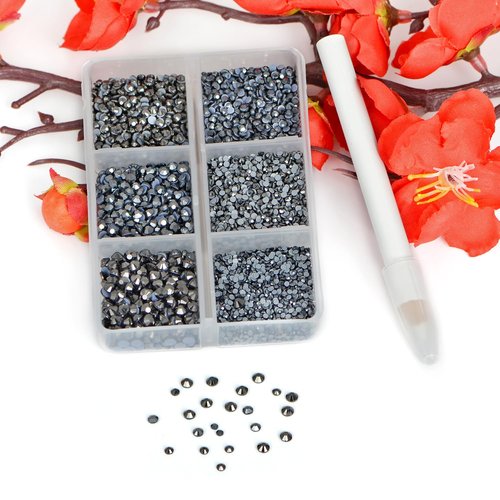 Bymitel Hotfix Crystal Rhinestones Round Gems for Crafts,Mixed 6 Sizes with Wax Pencil Kit, Jet Hematite 1.3-3.2mm(SS3-SS12/8000pcs)