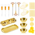 28 Gold Facial Supplies 3 Facial Mask Mixing Bowls 3 Facial Fan Brushes 3 Mask Applicator Brushes 3 Mask Measuring Spoons Skincare Tray 3-Compartment Serving Tray 12 Facial Sponges 2 Spa Headbands