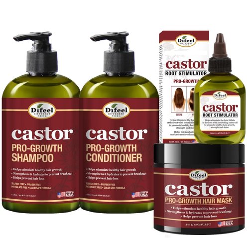 Difeel 4-PC Castor Pro-Growth Hair Growth: Cleansing & Growth Set - Includes 12 oz Shampoo, 12oz Conditioner, 12oz Hair Mask & 2.5oz Root Stimulator