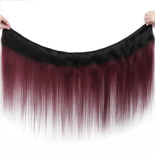 LUMWAV T1B/99J Straight Human Hair Bundles 10 12 14 Inch 3 Bundles Brazilian Virgin Remy Hair Extensions Ombre Burgundy Red Double Weft Weave for Black Women