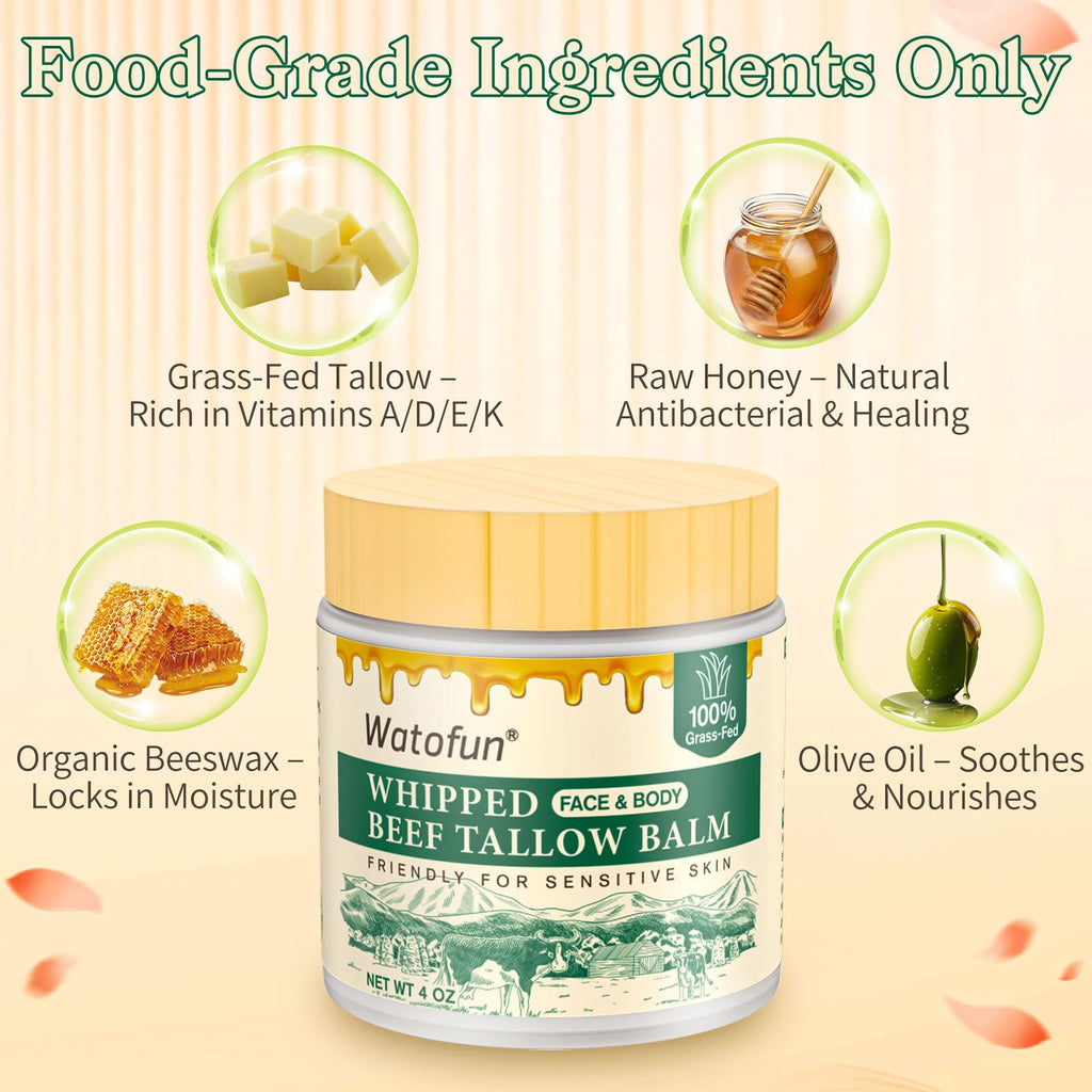 Whipped Beef Tallow Balm for Skin - 100% Organic Grass-Fed Tallow & Honey Body Butter, Infused with Olive Oil to Nourish, Soothe & Repair Dry, Cracked, Sensitive Skin- Natural Deep Moisturizer 4 OZ