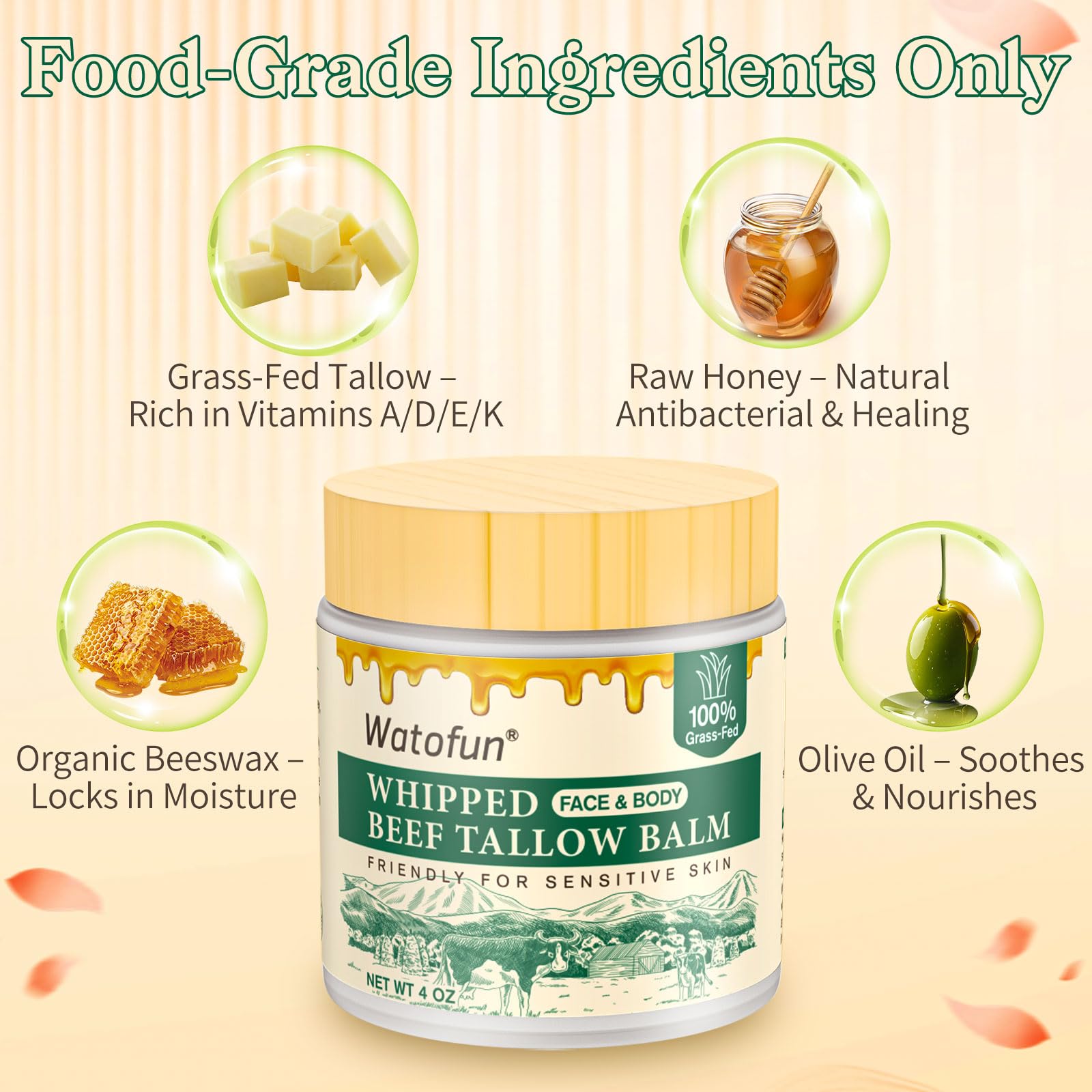 Whipped Beef Tallow Balm for Skin - 100% Organic Grass-Fed Tallow & Honey Body Butter, Infused with Olive Oil to Nourish, Soothe & Repair Dry, Cracked, Sensitive Skin- Natural Deep Moisturizer 4 OZ