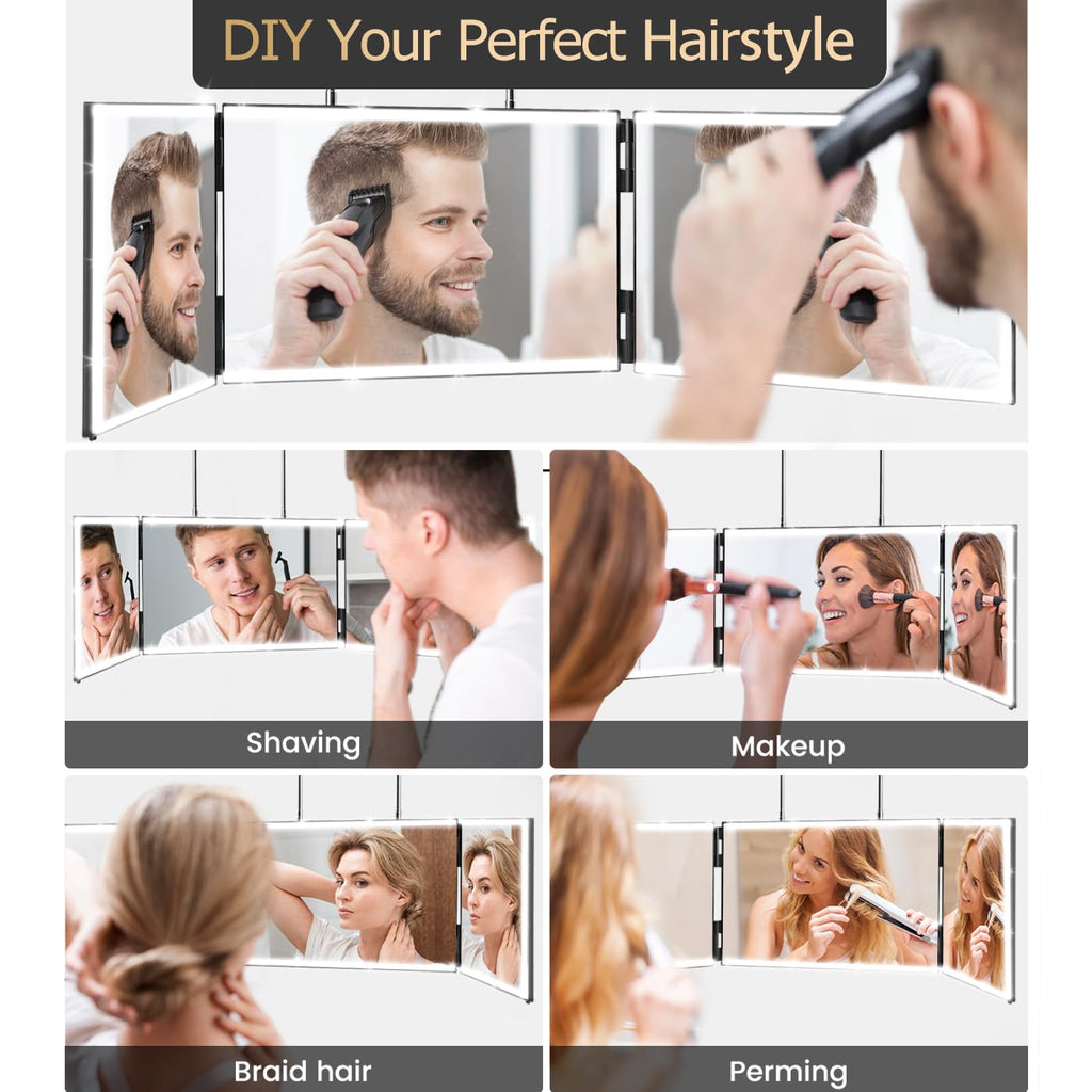 XIGETRAIL Rechargeable 3 Way Mirror for Self Hair Cutting with 8 Light Strips & Telescoping Hooks for Makeup,Shaving,Braiding&Styling-Trifold Barber Mirror