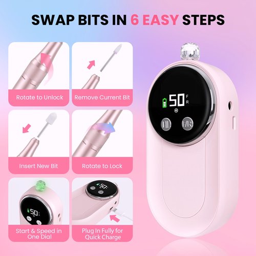 FLORAVIC High Speed Nail Drill for Acrylic Removal, 50,000 RPM Pro E-File with LCD, Bits Kit & Anti Slip Pad, MG101L Quick Gel Removal, Precise Shaping, Portable for Nail Art Practice & Salon Use