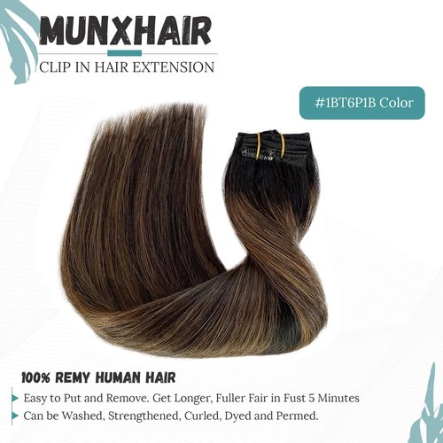 Clip in Hair Extensions, Omber Black to Chestnut Brown and Black 15inch 70g 7pcs Clip in Hair Extensions Real Human Hair Straight Remy Hair Clip in Hair Extensions