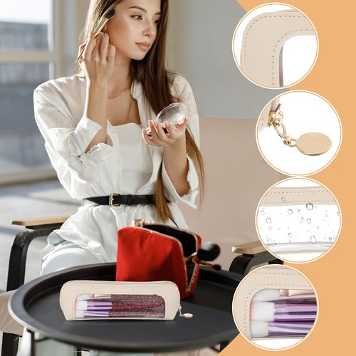 Clear Makeup Bag, Portable Transparent Cosmetic Organizer, PU Leather clear Makeup Brush Holder, Waterproof Travel Toiletry Pouch with Zipper for Women, Slim MakeupCase for Home, Office, Travel(Beige)