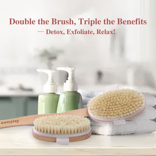 ÖkoStamm Dry Brushing Body Brush - Natural Bristle Dry Brush Set with 2 Detachable Heads, Wooden Long Handle Dry Body Brush for Lymphatic Drainage, Exfoliating and Cellulite Treatment