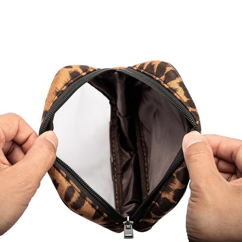 AGBIADD Fabric Leopard Print Clear Makeup Bag Travel Cosmetic Case Transparent Toiletry Bag with Zipper, Portable Make Up Organizer Traveling Compact Car Bag for Essentials (Brown)