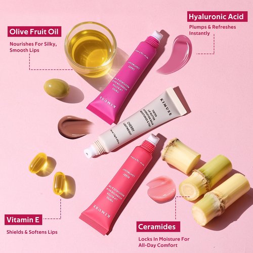 KIMUSE 3 Pack Tinted Lip Butter Hydration Balm, Hydrating Lip Treatment with Hyaluronic Acid & Vitamin E, Tinted Lip Balm for Instant Moisture, Shine & Hydration, Supple Lips, Vegan & Cruelty-Free